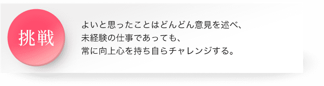 挑戦 : よいと思ったことはどんどん意見を述べ、未経験の仕事であっても、常に向上心を持ち自らチャレンジする。