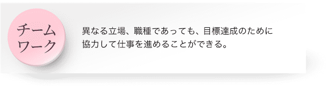 チームワーク : 異なる立場、職種であっても、目標達成のために協力して仕事を進めることができる。